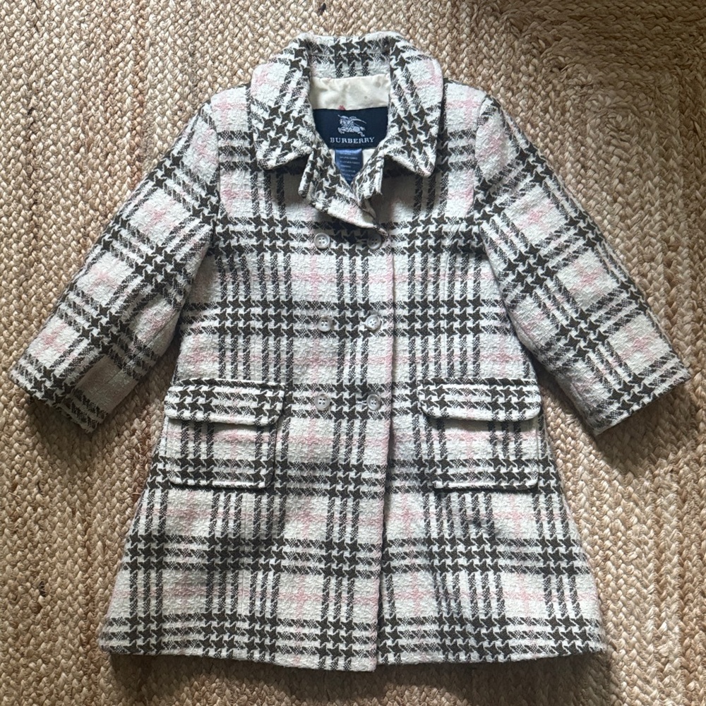 Burberry Kids Checkered Pea Coat - Brown, White, Pink with floral lining